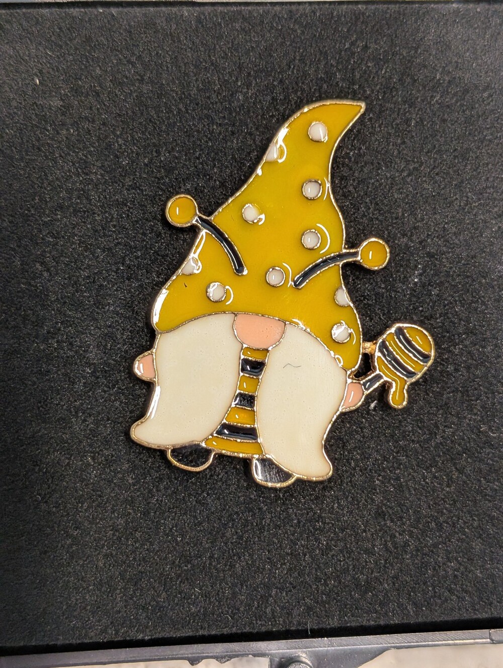 Whimsical Yellow Polka Dot Gnome With Honey Stick Enamel Pin With Case